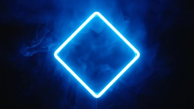 A glowing blue neon square frame with wispy smoke on a dark black background