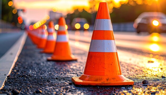 Orange plastic traffic cones are a symbol of safety and warning on a street or highway construction road work boundary