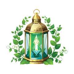 Golden Lantern Illuminated with Green Light Surrounded by Lush Leaves and Vines Representing Nature's Magic and Tranquility © firstprincess