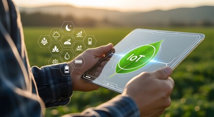 Farmer using tablet with Io T and agricultural icons in field