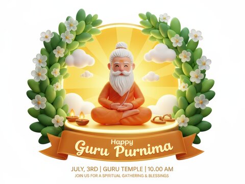 Happy Guru Purnima Celebration Guru Meditating in Lotus Pose with Flowers and Lamps