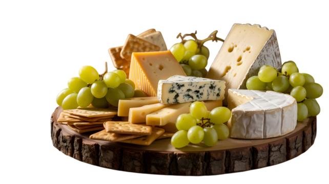 Delicious cheese platter with grapes and crackers on a rustic wooden board on transparent background - Powered by Adobe