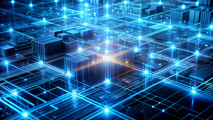 Obraz premium Abstract blue technology background glowing network connections and data flow ideal for digital transformation and futuristic concepts