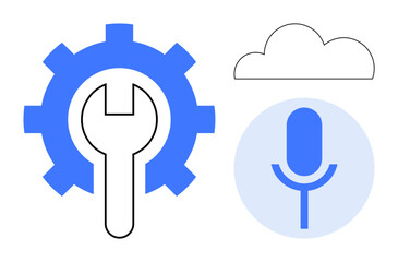 Gear with wrench, microphone, and cloud shapes represent technology, voice recognition, and cloud solutions. Ideal for innovation, software, repair, development communication AI integration