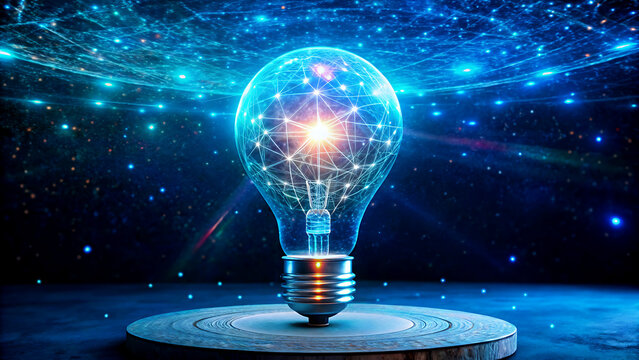 Glowing light bulb with network connections a concept for innovation and technology on a dark blue background with stars