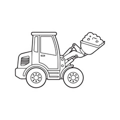 Skid steer loader coloring page. Cartoon construction vehicle outline. Heavy machinery vector illustration for kids' coloring book. Front loader line art isolated on white.
