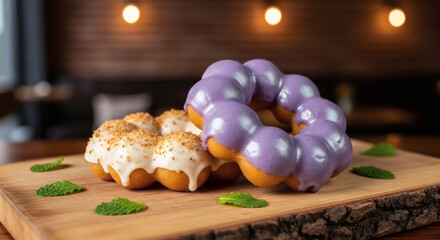 Artisan Mochi Donuts: Ube Glazed and Vanilla Crumb Topped, Elegantly Presented on a Rustic Wood Slab in a Moody Cafe Ambiance