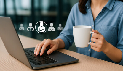 Woman push laptop with glowing virtual icons and holding coffee cup symbol digital lifestyle.