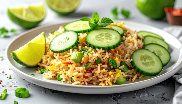 Savory Fried Rice Dish Garnished with Fresh Cucumber Slices and Lime Wedges on a White Plate with a Light Gray Background - Powered by Adobe