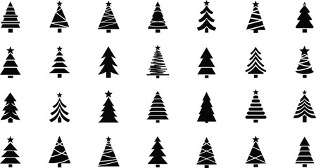 Christmas tree icons, holiday silhouette design, festive decoration set, abstract pine illustration, winter season graphic, black and white vector art