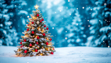 Magical Christmas tree glows in snowy winter wonderland, perfect for holiday greetings and festive promotions, spreading cheer and warmth this season