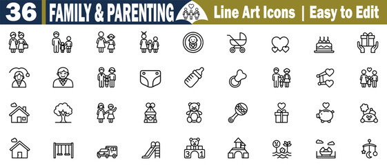 Family and Parenting Outline Icon Set. Collection of Family Lifestyle and Stages Editable Stroke Vector Illustration on Transparent Background.