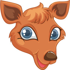 Close up cartoon illustration of a cute kangaroo face with big blue eyes and a happy expression brown fur orange accents on a transparent background