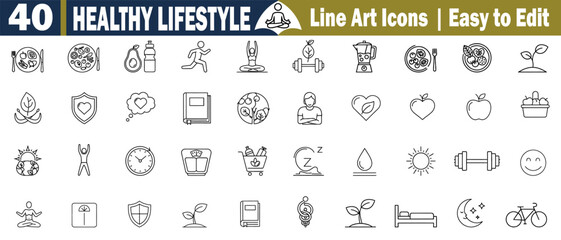 40 Healthy Lifestyle Line Art Icons. Editable Wellness, Fitness, Diet, Nutrition, Exercise, Meditation, Bodycare, Healthcare, Balance Mindfulness vector illustration. 