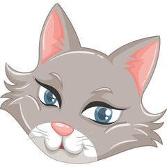 Close Up Portrait of a Gray Cat Face With Blue Eyes and Pink Ears on a Transparent Background
