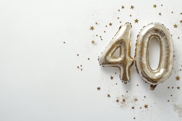 Golden 40th birthday celebration with balloons and glitter on white background