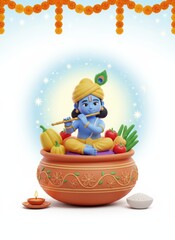 Obraz premium Cute Baby Krishna Playing Flute Amidst Fruits in a Pot, Hindu Deity, Janmashtami Celebration