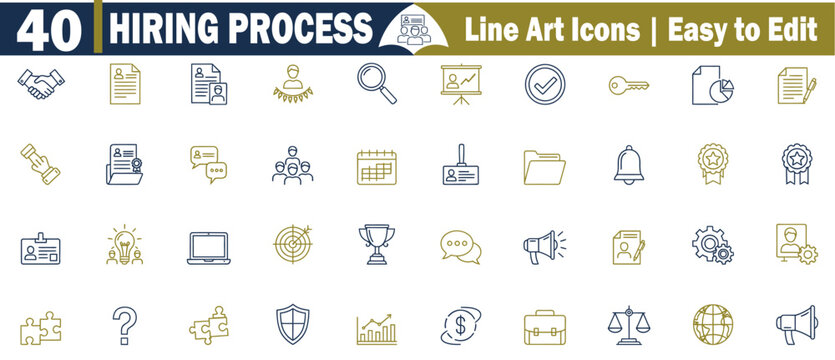 Set of 40 Hiring Process Line Art Icons. Editable Vector Graphics for Recruitment Business, Staffing, Human Resources, and Job Placement Services illustration. 