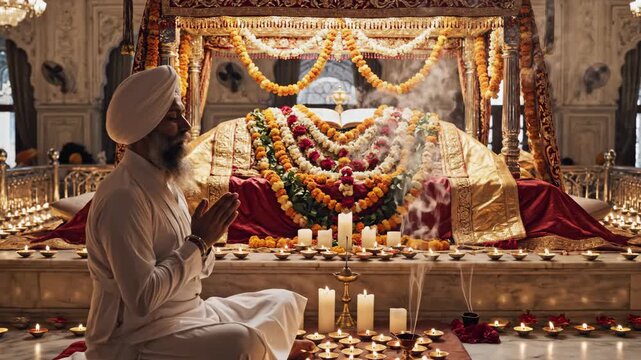 Serene Devotion Sikh Man Praying During Guru Nanak Jayanti Celebration Near Holy Shrine, Candles Lit, Golden