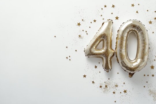 Golden 40th birthday celebration with balloons and glitter on white background