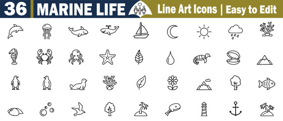 Marine Wildlife Vector Icons Set. These graphics elements are a Dolphin, Jellyfish, Shark, Whale, Sailboat, Moon, Sun, Cloud, Coral, Seahorse, Crab, Octopus, Starfish illustration.  © Logo Solution