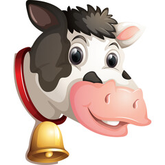 A Cheerful Cartoon Cow Head with a Red Collar and Gold Bell on a Transparent Background