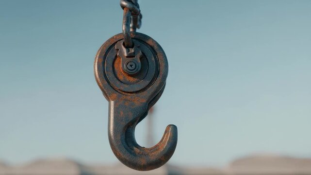 A rusty industrial crane hook hanging from a chain against a blurred blue sky.