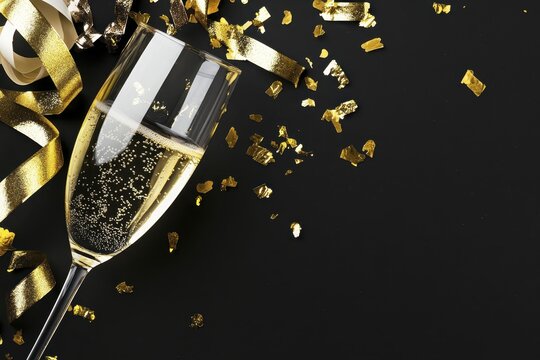 Elegant champagne celebration with gold confetti and ribbon on black background - Powered by Adobe