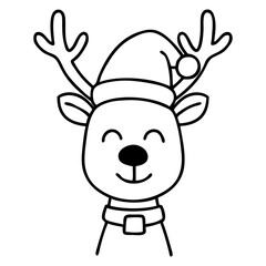 Dibujo sencillo con líneas de cabeza de reno Rudolph simpático con sombrero de Santa Claus para tarjetas y felicitaciones de Navidad