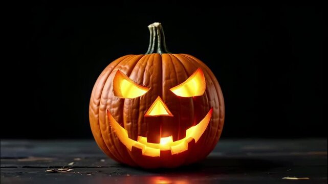 The series of frames depict a carved pumpkin with a classic Halloween design, illuminated from within to showcase its face