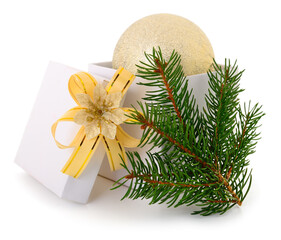 Christmas gift box with golden bow and spruce branch isolated on white background
