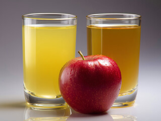 Fototapeta premium Fresh Apple Next to Glasses of Yellow and Red Juice on Table