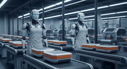 Robots on assembly line in factory automation manufacturing