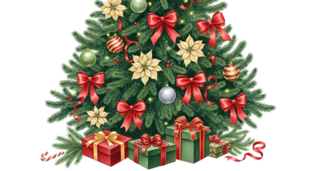 A beautifully decorated christmas tree with red bows, golden poinsettias, and ornaments, surrounded by wrapped gifts and candy canes, isolated on transparent background