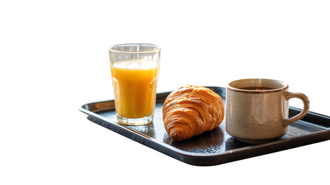 Fresh breakfast tray with orange juice croissant and coffee for a good start on transparent background