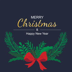 Holiday card Merry Christmas and New Year. Square template with congratulatory text and decoration of spruce branches, oak leaves and red bow. Vector graphics