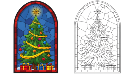 A vibrant stained glass window depicting a decorated christmas tree with gifts, alongside a black and white outline version for coloring, isolated on transparent background