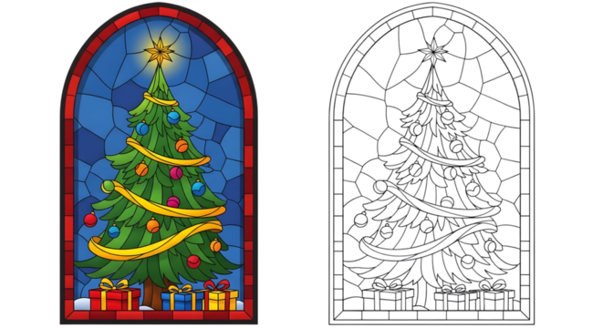 A vibrant stained glass window depicting a decorated christmas tree with gifts, alongside a black and white outline version for coloring, isolated on transparent background - Powered by Adobe