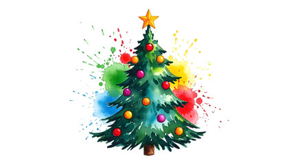 A watercolor illustration of a christmas tree with colorful ornaments and vibrant paint splatters in the background, isolated on transparent background