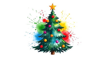 A watercolor illustration of a christmas tree with colorful ornaments and vibrant paint splatters in the background, isolated on transparent background