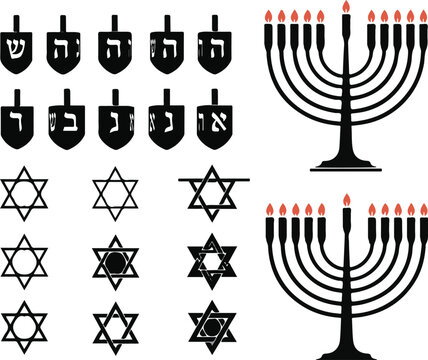Hanukkah symbols set with dreidels menorahs and star of David