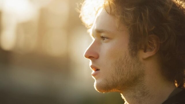 A man with tousled hair and stubble stands in warm sunlight, eyes closed, touching his chin in a thoughtful pose.