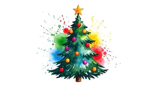 A watercolor illustration of a christmas tree with colorful ornaments and vibrant paint splatters in the background, isolated on transparent background