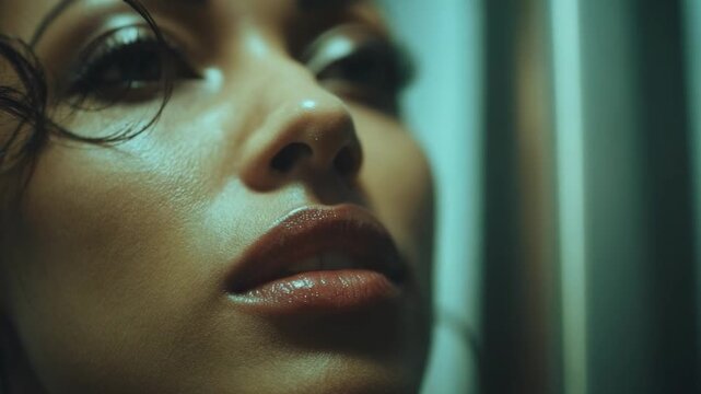 Close-up of a woman's lips and nose in moody, green-tinted lighting.