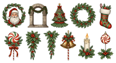 Collection of christmas decorative elements including santa claus, wreaths, and ornaments, isolated on transparent background