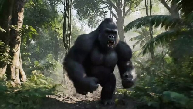 Massive Silverback Gorilla Running Towards Camera and Roaring in a Dense Tropical Rainforest