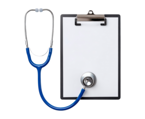 Simplistic healthcare imagery featuring essential tools for medical notetaking and diagnostics on transparent background