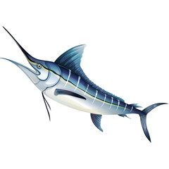 Majestic Blue Marlin Fish With Long Spear Like Bill and Tall Dorsal Fin Floating in Clear Ocean Water Sunlight Rays Illuminating Its Scales