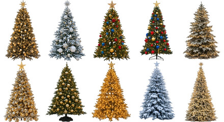 Assortment of decorated christmas trees in various styles, sizes, and colors, isolated on transparent background