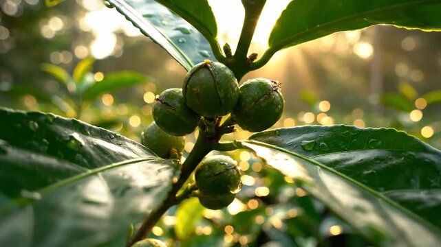 Green leaves and round green berries hang from a branch with raindrops set against a blurred forest background with sunlight